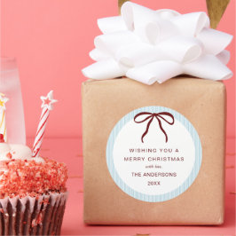 Pegatina Redonda Classic Blue Stripes Red Bow Merry Christmas