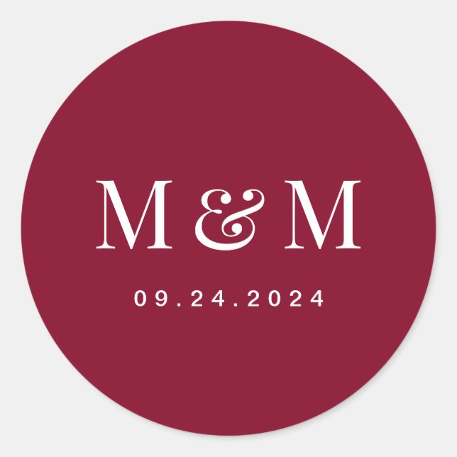 Pegatina Redonda Classic  Burgundy Red Monogram Typography Wedding (Anverso)