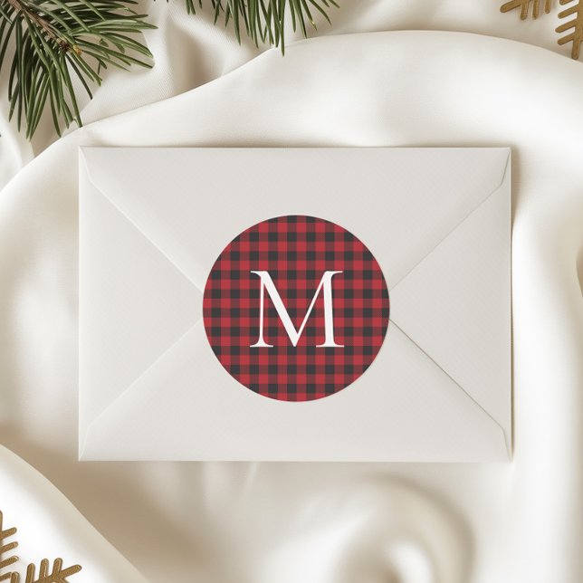 Pegatina Redonda Classic Christmas Buffalo Plaid Custom Monogram (Subido por el creador)