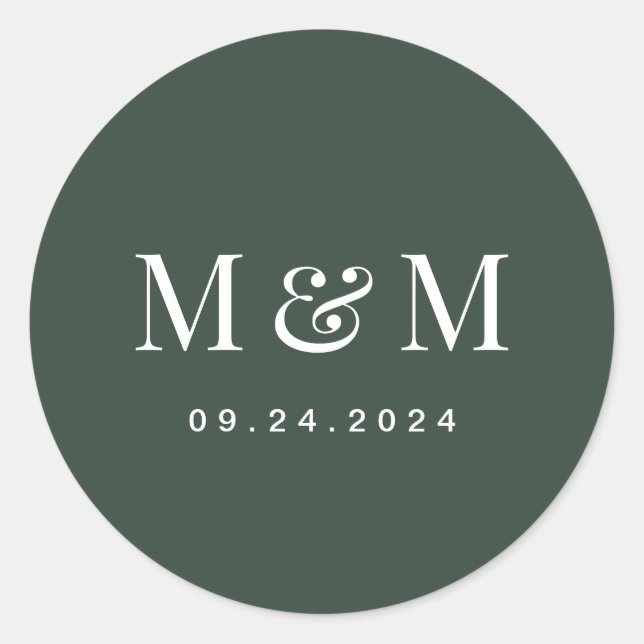 Pegatina Redonda Classic Dark Green Monogram Typography Wedding (Anverso)