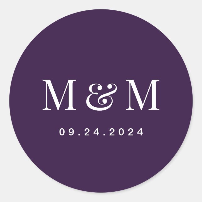 Pegatina Redonda Classic Dark Purple Monogram Typography Wedding (Anverso)
