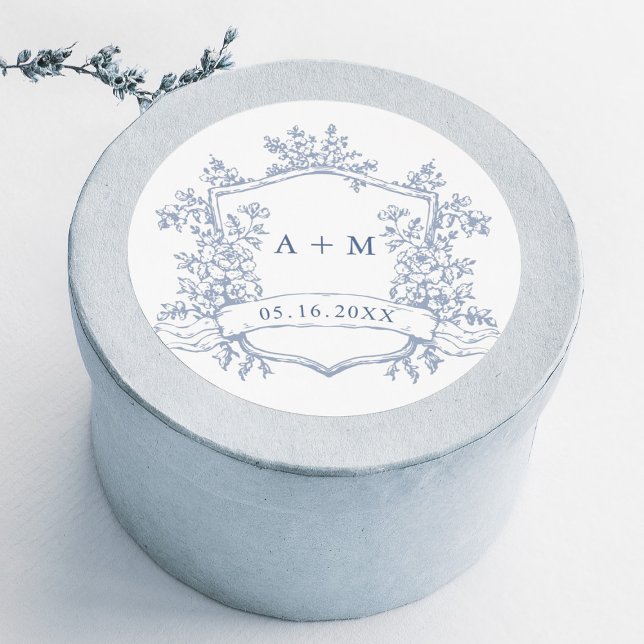 Pegatina Redonda Classic Dusty Blue Floral Crest Monograms (Subido por el creador)