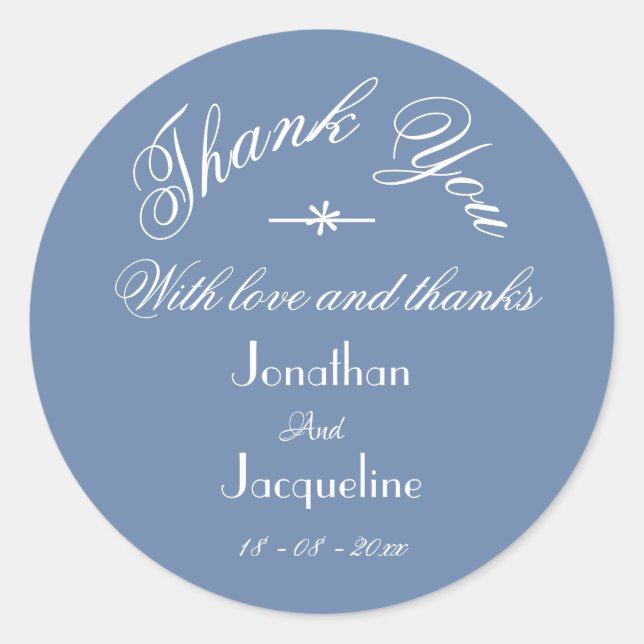 Pegatina Redonda Classic Dusty Blue Gracias Boda de nombres persona (Anverso)
