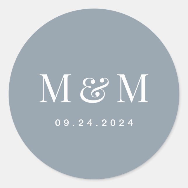Pegatina Redonda Classic Dusty Blue Monogram Typography Wedding (Anverso)