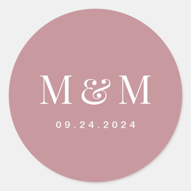 Pegatina Redonda Classic Dusty Rose Monogram Typography Wedding (Anverso)