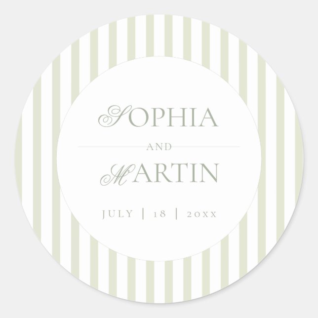 Pegatina Redonda Classic Elegant⎮Sage Green Striped Wedding (Anverso)