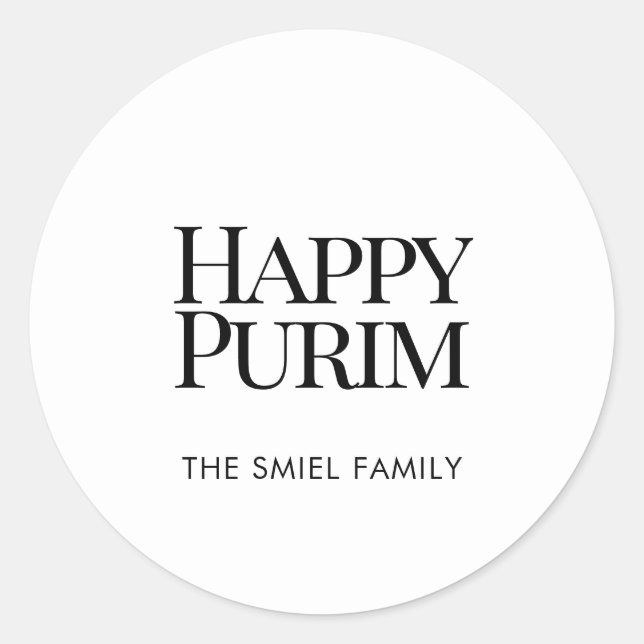 Pegatina Redonda Classic Family Name Happy Purim White Sticker (Anverso)