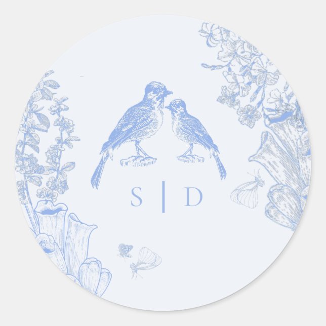 Pegatina Redonda Classic French Blue White Floral Birds Wedding  (Anverso)