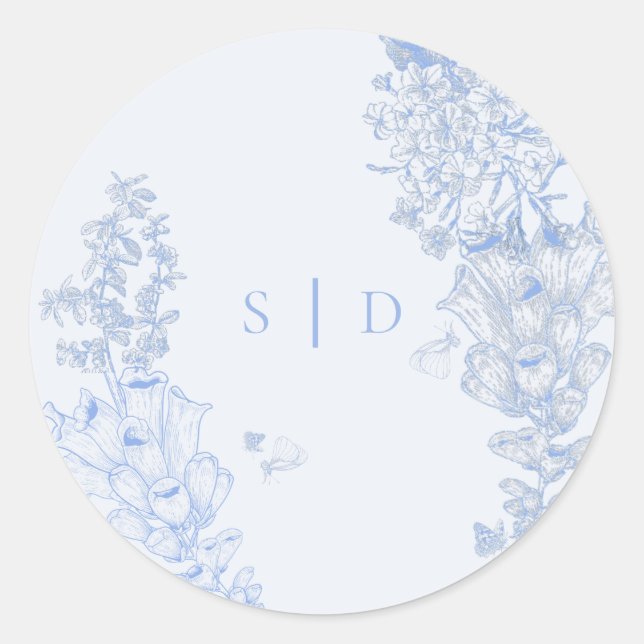 Pegatina Redonda Classic French Blue White Floral Wedding Enclosure (Anverso)