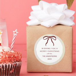 Pegatina Redonda Classic Green Pink Stripes Red Bow Merry Christmas