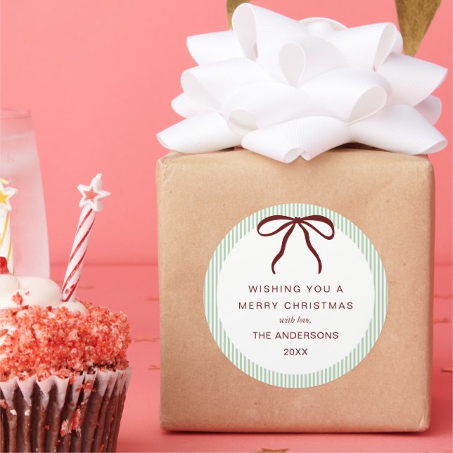 Pegatina Redonda Classic Green Stripes Red Bow Merry Christmas (Fiesta)