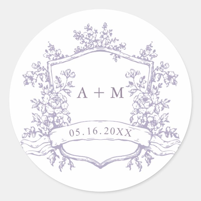 Pegatina Redonda Classic Lavender Floral Crest Monograms (Anverso)