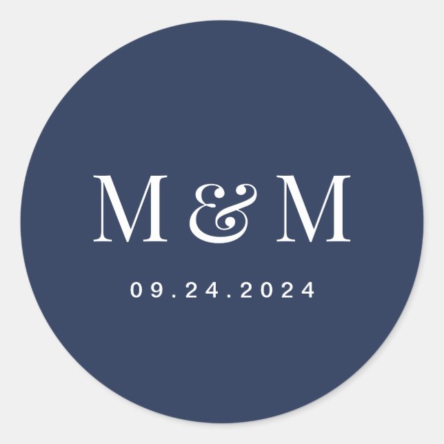 Pegatina Redonda Classic Navy Blue Monogram Typography Wedding (Anverso)