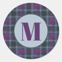 Pegatina Redonda Classic Purple Teal Plaid Monogram Envelope Seal