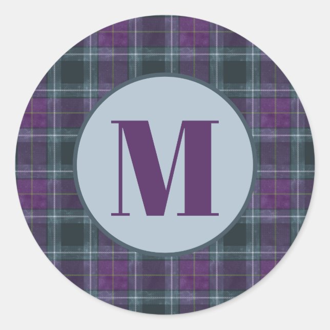Pegatina Redonda Classic Purple Teal Plaid Monogram Envelope Seal (Anverso)