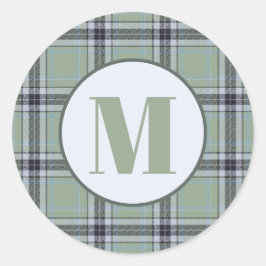 Pegatina Redonda Classic Sage Green Blue Gray Tartan Plaid Pattern 