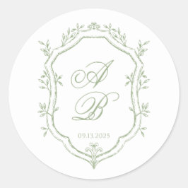 Pegatina Redonda Classic Sage Green Floral Monogram Crest Wedding
