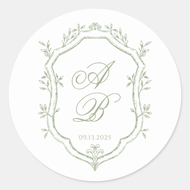 Pegatina Redonda Classic Sage Green Floral Monogram Crest Wedding (Anverso)