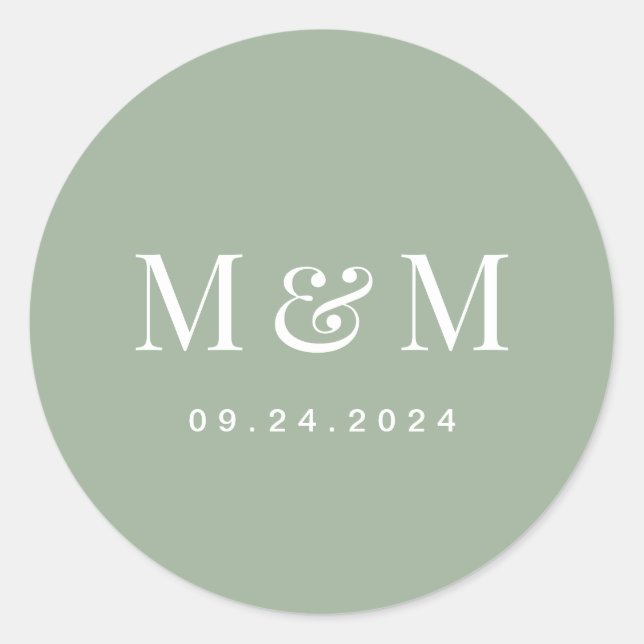 Pegatina Redonda Classic Sage Green Monogram Typography Wedding (Anverso)