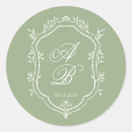 Pegatina Redonda Classic Sage Green & White Monogram Crest Wedding