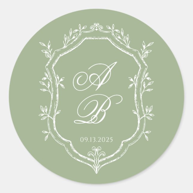 Pegatina Redonda Classic Sage Green & White Monogram Crest Wedding (Anverso)