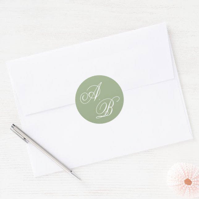 Pegatina Redonda Classic Sage Green & White Monogram Script Wedding (Sobre)
