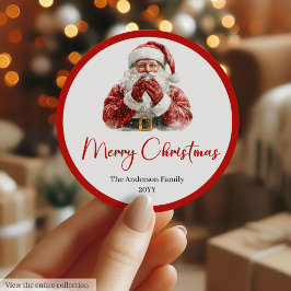 Pegatina Redonda Classic Santa Claus Merry Christmas Label Tag