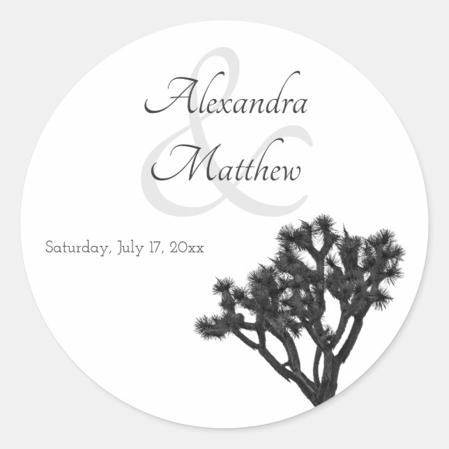 Pegatina Redonda Classic Simple Elegante B&W Joshua Tree Silhouette (Anverso)