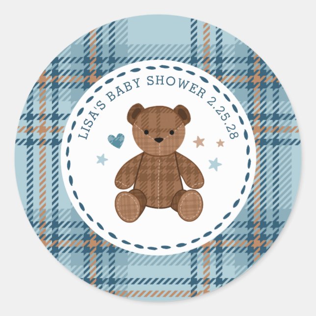 Pegatina Redonda Classic Tartan Plaid Teddy Bear, Baby Boy Shower  (Anverso)