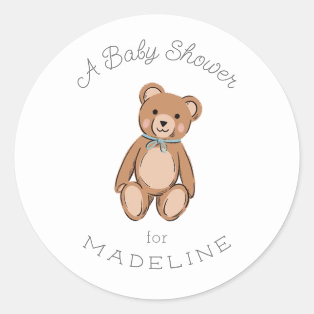 Pegatina Redonda Classic Teddy Bear Blue Baby Shower (Anverso)