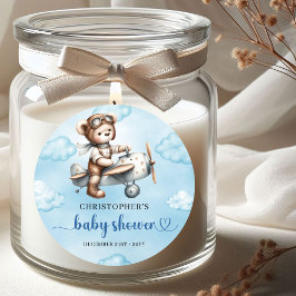 Pegatina Redonda Classic Teddy Bear Pilot Blue Brown Baby Shower