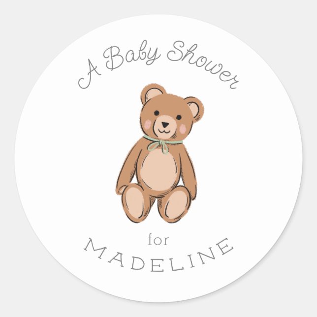 Pegatina Redonda Classic Teddy Bear Sage Green Baby Shower (Anverso)