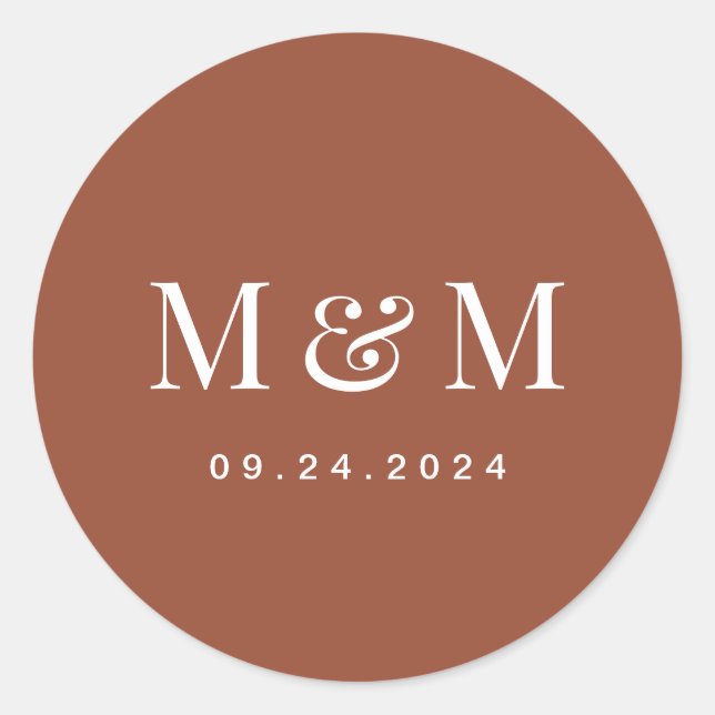 Pegatina Redonda Classic Terracotta Monogram Typography Wedding (Anverso)