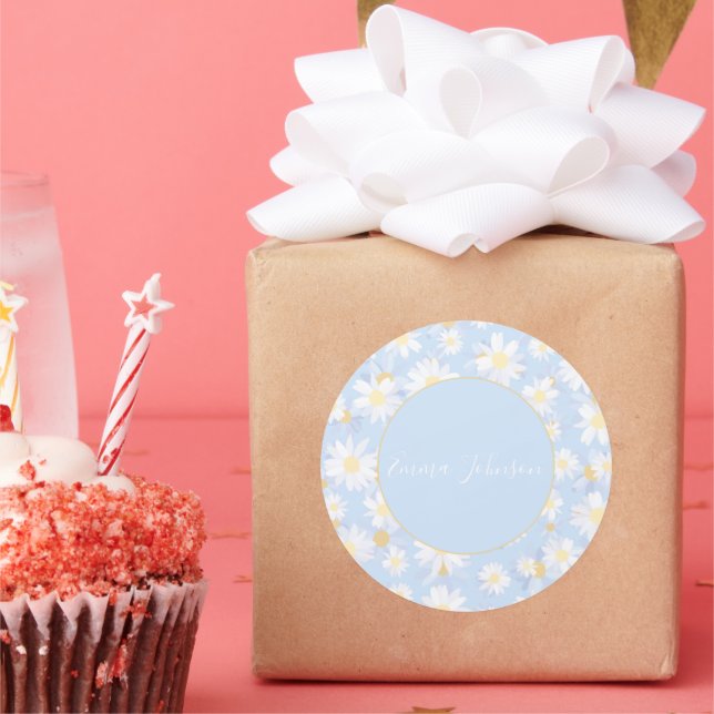 Pegatina Redonda Classy Blue White Daisy Flowers (Fiesta)