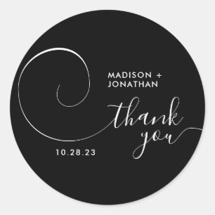 Pegatina Redonda Classy Calligraphy Script Black Boda Gracias