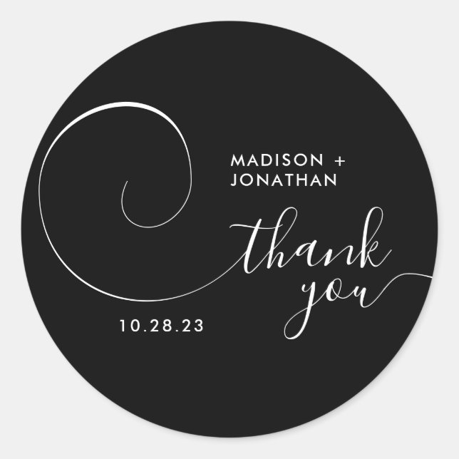 Pegatina Redonda Classy Calligraphy Script Black Boda Gracias (Anverso)