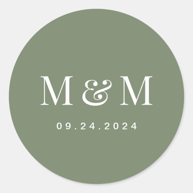 Pegatina Redonda Classy Deep Sage Green Monogram Typography Wedding (Anverso)