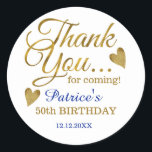 Pegatina Redonda Classy Gold Blue 50th Birthday Gracias<br><div class="desc">50 cumpleaños gracias pegatinas en elegante tipografía azul y oro .</div>