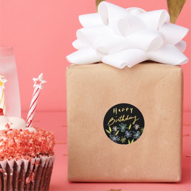 Pegatina Redonda Classy Gold Happy Birday Bouquet (Fiesta)