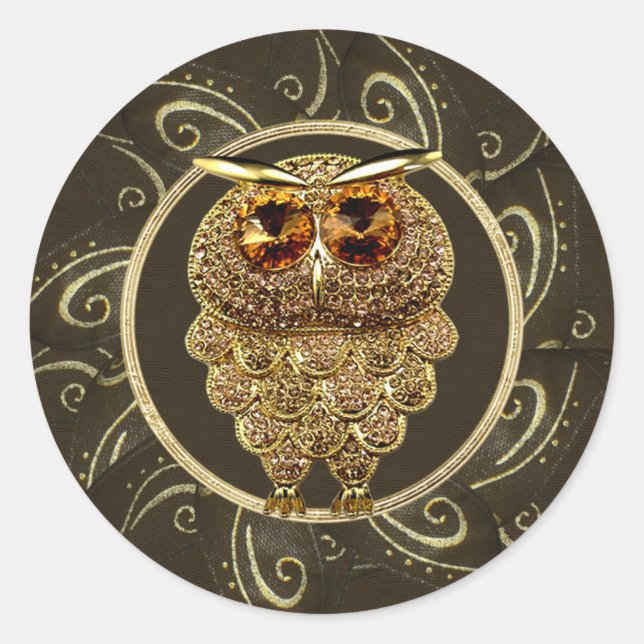 Pegatina Redonda Classy Gold Jewels Steampunk Owl Pegatinas (Anverso)