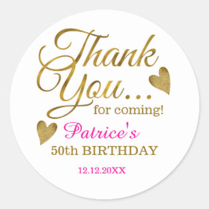 Pegatina Redonda Classy Gold Pink 50th Birthday Gracias 