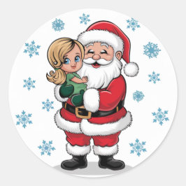 Pegatina Redonda Cláusula de Santa Abrazando a un Chica con copos d