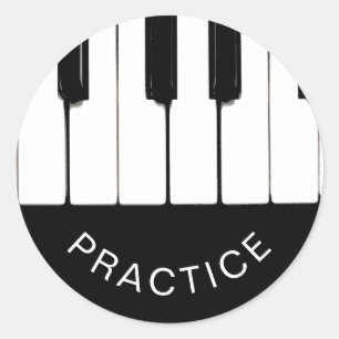 Pegatina Redonda Claves de piano, "PRÁCTICA"