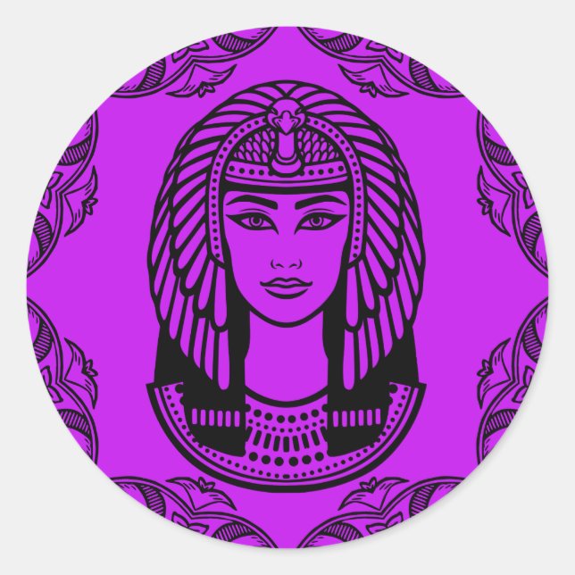 Pegatina Redonda Cleopatra Egipcia sobre decoración morada (Anverso)