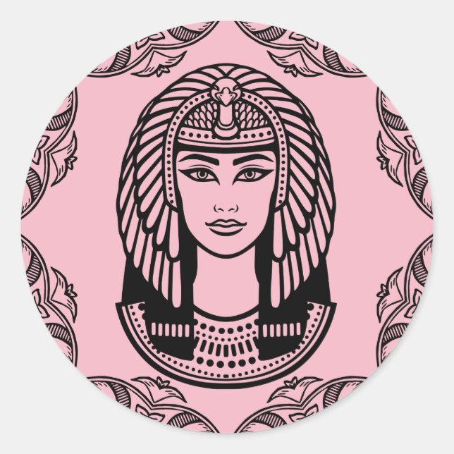 Pegatina Redonda Cleopatra Egipcia sobre decoración rosa (Anverso)