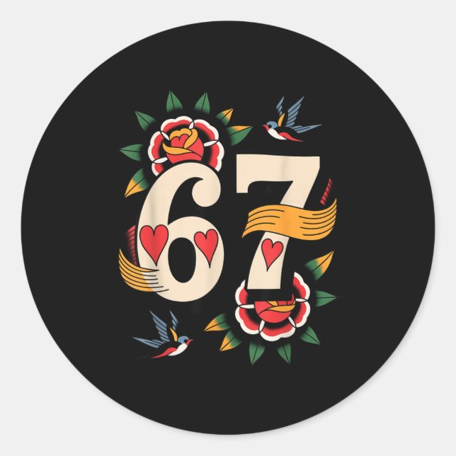 Pegatina Redonda Clic 67 Tattoo Six Seven Valentines Day Ker  (Anverso)