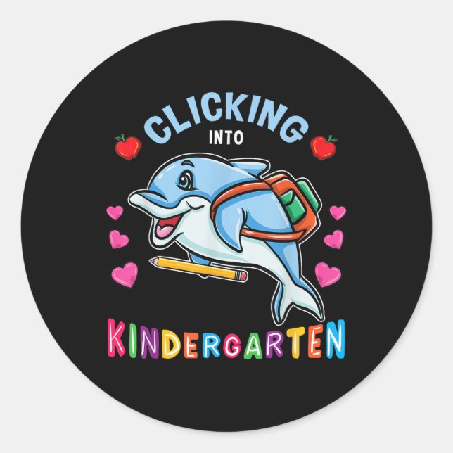 Pegatina Redonda Clicking Into Kindergarten Dolphin Back To School  (Anverso)