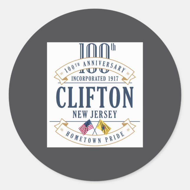 Pegatina Redonda Clifton New Jersey 100th Anniv White _1  (Anverso)