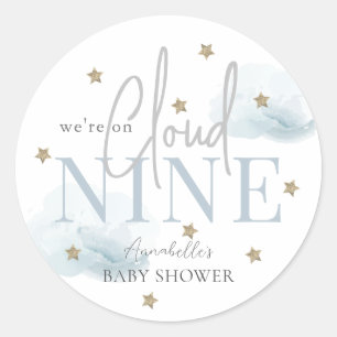 Pegatina Redonda Cloud 9 Gold Stars Watercolor Boy Baby Shower
