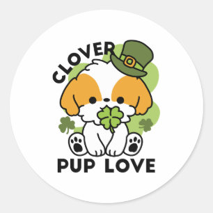 Pegatina Redonda Clover Pup Love - Diseño de perros del Día de San 